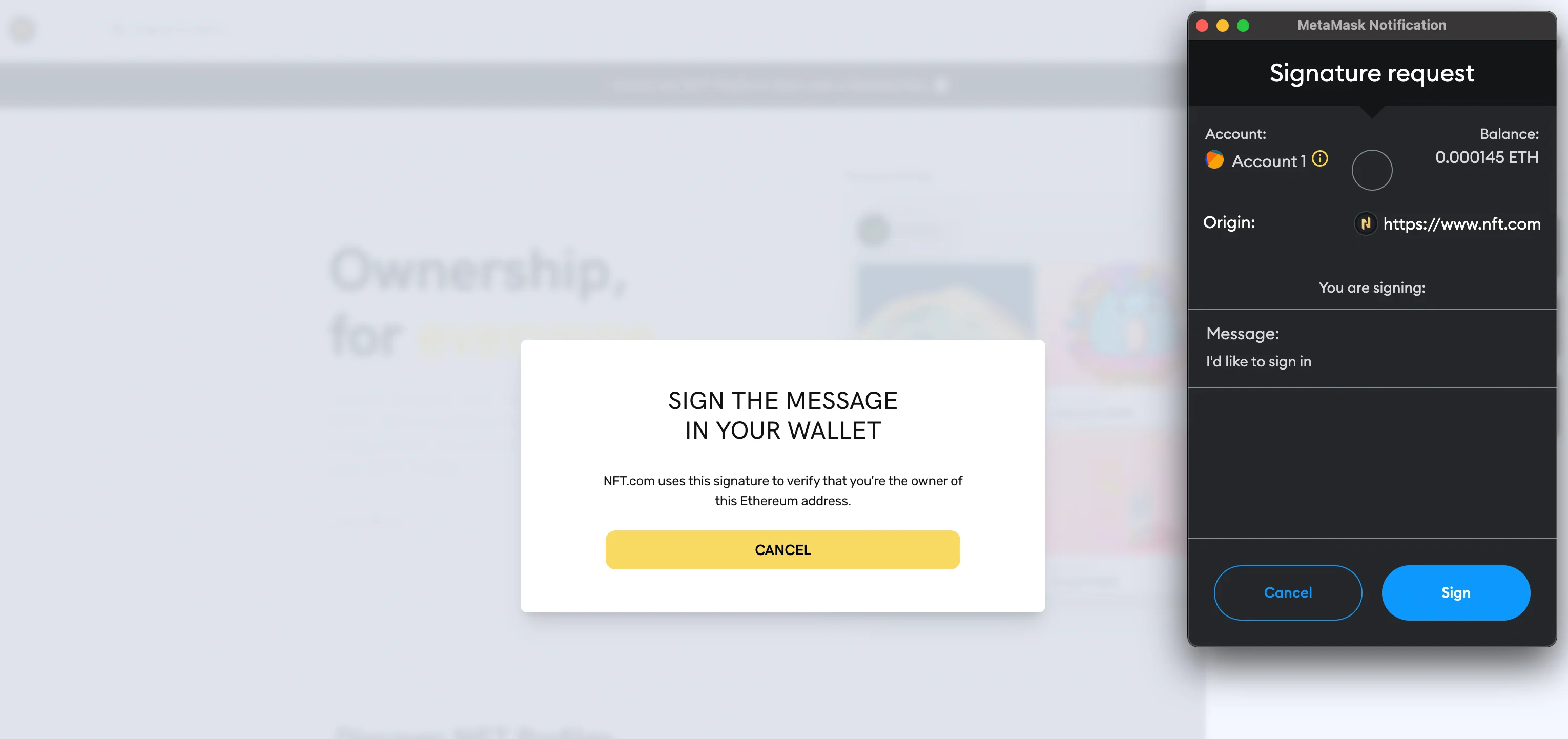 Sign in page metamask for NFT.com